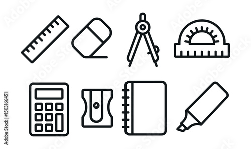 Line style icons of classroom supplies: ruler, eraser, compass, protractor, calculator, sharpener, notebook, highlighter.