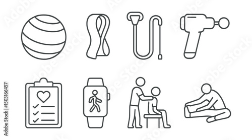 Line style icons of physical therapy: exercise ball, resistance band, rehab walking cane, massage gun, therapy checklist, mobility tracker, physio session icon, stretching guide.