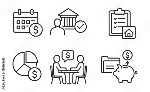 Line style icons of financial planning: calendar with dollar sign, retirement plan icon, financial checklist, estate planning folder, budget pie chart, risk level icon, advisor consultation, savings