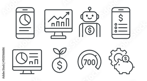 Line style icons of fintech apps: budgeting app, investment platform, robo-advisor icon, expense tracker screen, finance dashboard, micro-investment icon, credit score badge, savings automation.