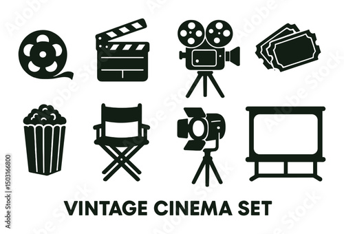 Vintage cinema silhouette icons set – classic film, movie theater symbols