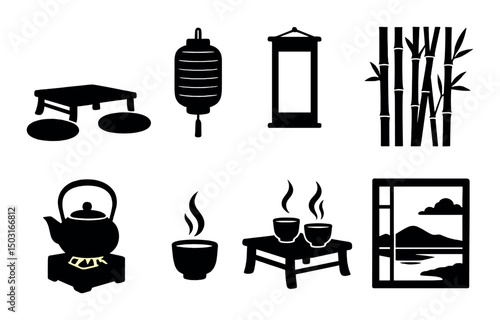 Serene teahouse icons set – silhouette, zen tranquility and calm design elements