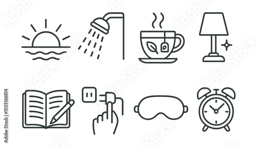 Line style icons of evening routine: sunset icon, shower before bed, herbal tea cup, dim light, journal reflection, unplugging devices, sleep mask, alarm setup.
