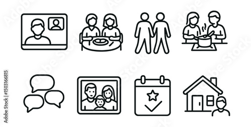 Line style icons of social habits: video call, dinner with friends, walking with partner, shared cooking icon, group chat, family photo moment, social calendar, visiting friend house.