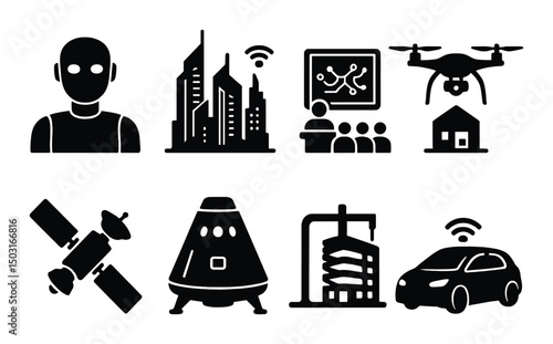 Tech innovation silhouette icons set – futuristic, modern and technology symbols