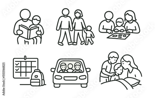 Line style icons of family habits: storytime with child, family walk, shared meals, board game night, weekly planning board, carpool ride, school prep, bedtime kiss.