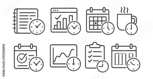 Line style icons of time management: hourly planner, productivity tracker, calendar event, break timer, postponed task icon, daily rhythm chart, time audit, week overview.