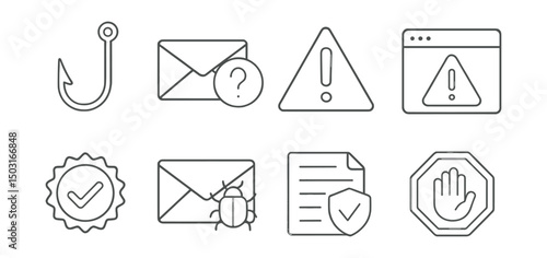 Line style icons of phishing protection: phishing hook, suspicious email, scam warning, browser alert icon, fake website badge, email with bug, report phishing symbol, stop fraud icon.