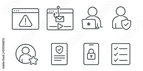 Line style icons of user awareness: warning pop-up, phishing tutorial, password training, cyber safety tip, user role badge, security policy, lock screen reminder, security checklist.