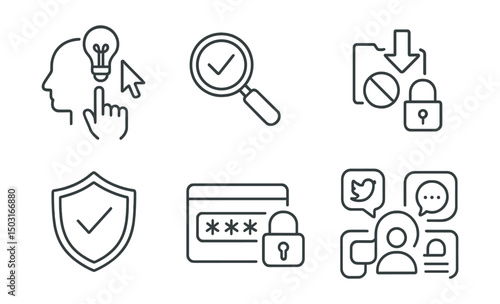 Line style icons of safe digital behavior: think before click, verify source, report button, no unknown download icon, secure habits badge, safe password tip, social media safety, personal info lock.