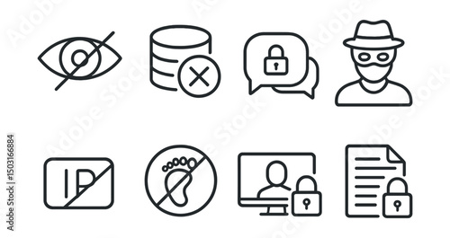Line style icons of digital privacy: incognito eye, anonymized data icon, private chat bubble, masked user, hidden IP icon, no tracking badge, secure video call, encrypted file.