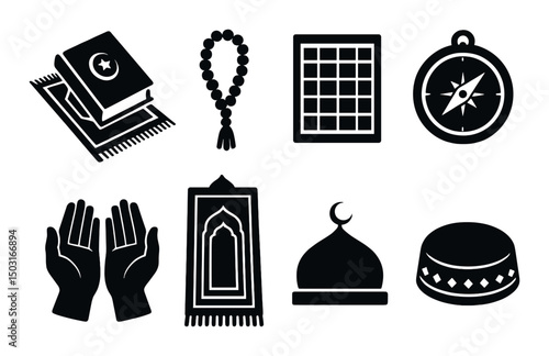 Prayer essentials silhouette icons set – simple, religious and spiritual symbols