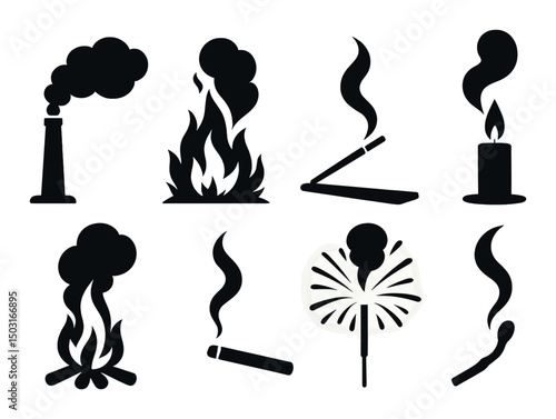 Smoke and fire silhouette icons set – shadowy, minimalistic and moody symbols