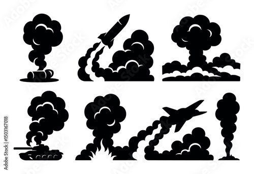 Warfare smoke silhouette icons set – combat, battle and military symbols