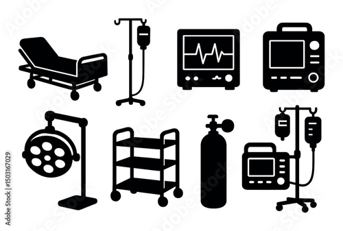 Hospital equipment silhouette icons set – medical, healthcare and facility symbols