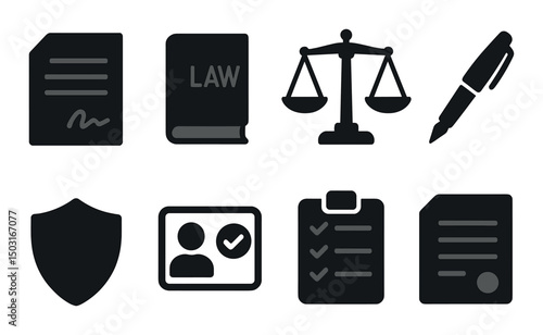 Legal compliance silhouette icons set – law, policy, regulation symbols
