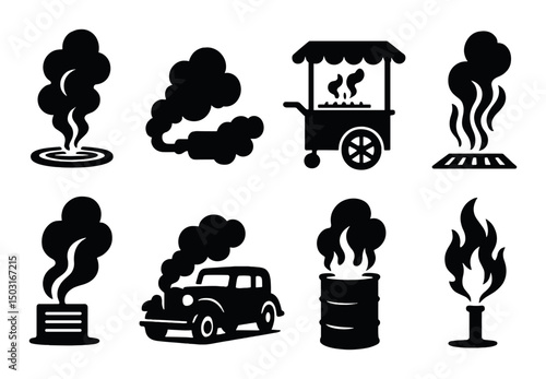 Urban steam silhouette icons set – simple, cityscape and industrial symbols