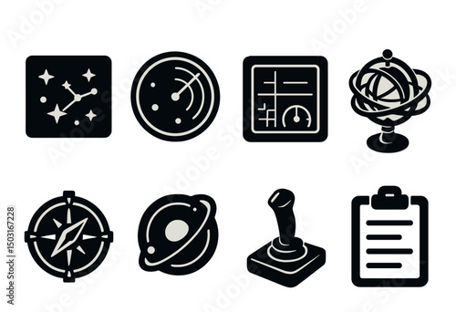 Space navigation silhouette icons set – cosmic, astronomy and exploration symbols