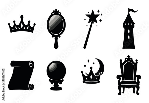 Fairy tale silhouette icons set – enchanted, magical and fantasy-themed symbols