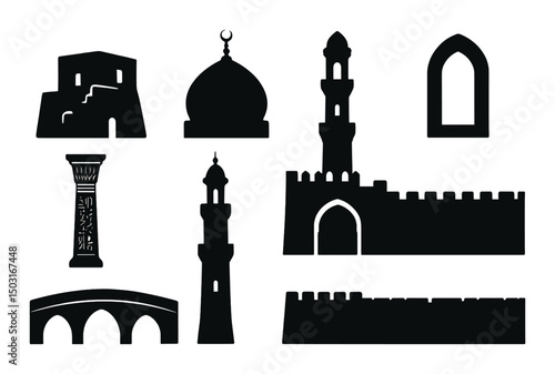Egyptian architecture icons set - silhouette, ancient and historical landmark symbols