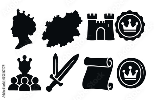 Royal emblems silhouette icons set – monarchy, regal and kingdom symbols