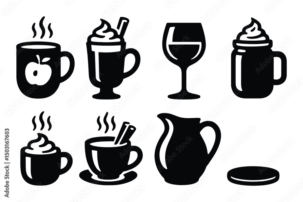 Thanksgiving drink icons set – silhouette, festive beverages and holiday symbols Thanksgiving drink icons set – silhouette, festive beverages and holiday symbols