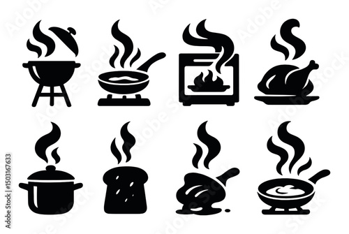 Cooking and kitchen silhouette icons set – smoke, culinary and meal preparation symbols