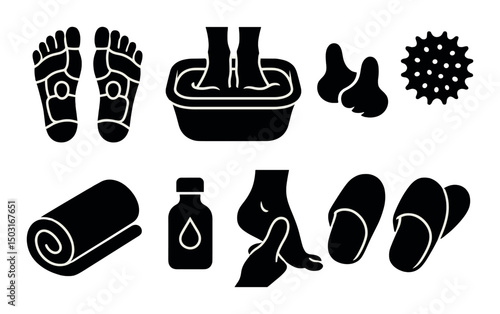 Foot massage essentials icons set – silhouette, spa, wellness therapy symbols