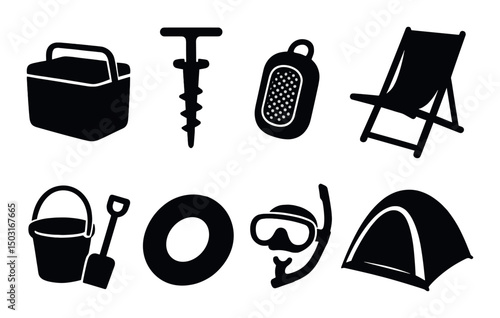 Beach essentials icons set – silhouette, summer gear and seaside essentials symbols