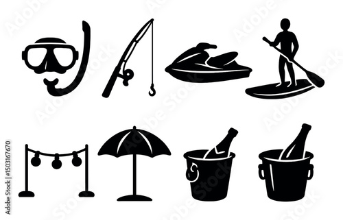 Yacht activity silhouette icons set – boating, water sports and leisure symbols