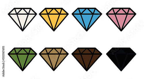 Colorful diamonds silhouettes icons set – gemstone, jewel and sparkling symbols