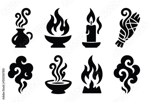Sacred smoke silhouette icons set – ritual, spiritual, incense and mystic symbols
