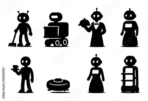 Service robots silhouette icons set – cleanup, delivery and assistance designs