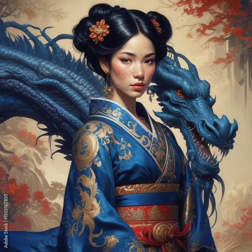 Serene Lady in Blue Robes with Mythical Dragon Protector