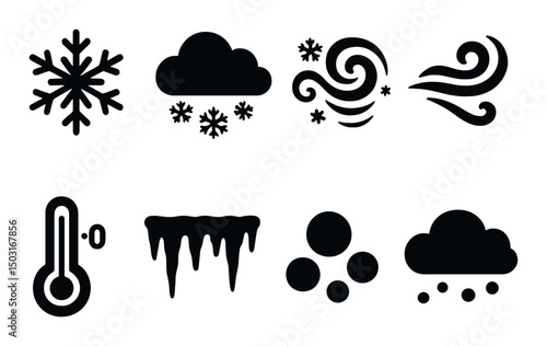 Winter weather silhouette icons set – simple cold, snow and storm symbols