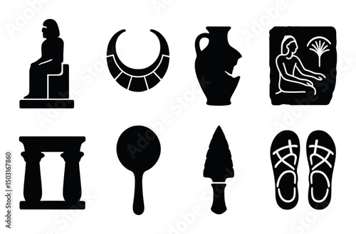 Ancient egyptian artifacts silhouette icons set – simple symbols for history, archaeology