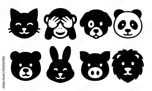 Animal emoji icons set in silhouette – simple, cute animal face symbols for messaging