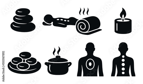 Massage therapy silhouette icons set – relaxing spa, wellness, and self-care symbols