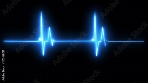 Glowing neon red color heartbeat rate and pulse line with grid, EKG, ECG, seamless and loop motion. Cardiogram cardiograph oscilloscope screen.