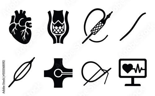 Heart procedure silhouette icons set – medical, surgery and cardiology symbols