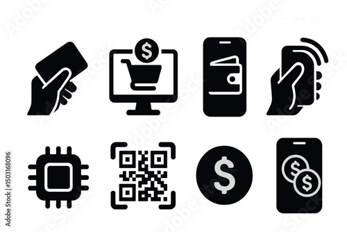 Digital payment silhouette icons set – financial, transaction and modern commerce symbols