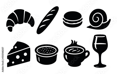 Parisian cuisine silhouette icons set – outline, french food and drink symbols