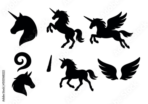 Unicorn silhouette icons set – magical, mythical and fantasy creature symbols