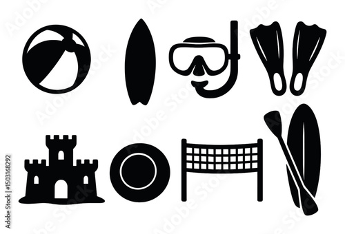 Beach activity silhouette icons set – simple, summer and seaside fun symbols