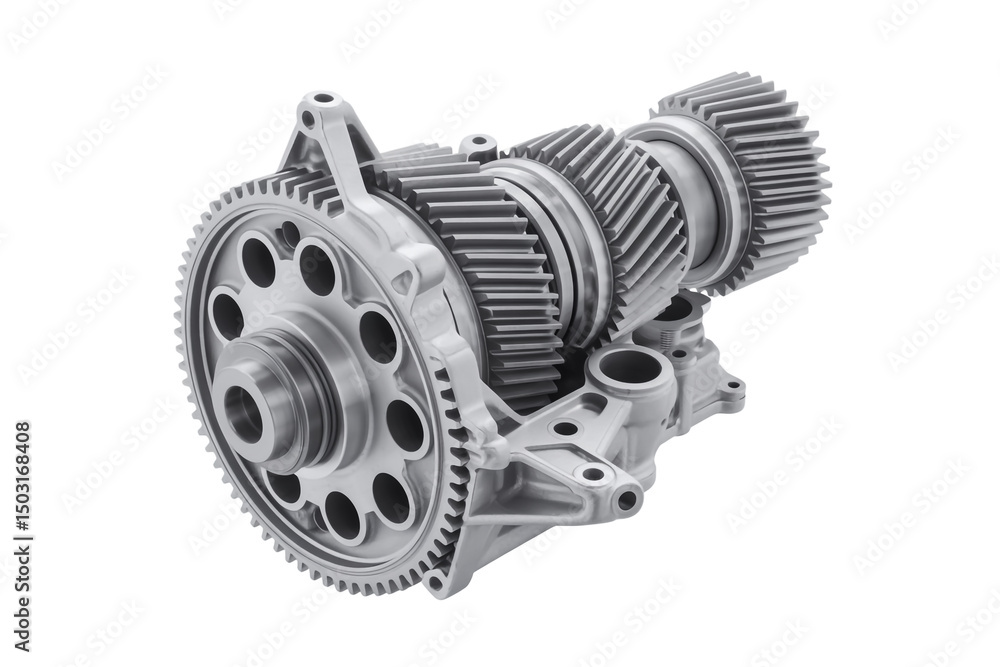 Obraz premium A detailed view of a complex set of gears and mechanical components on a white background studio shot