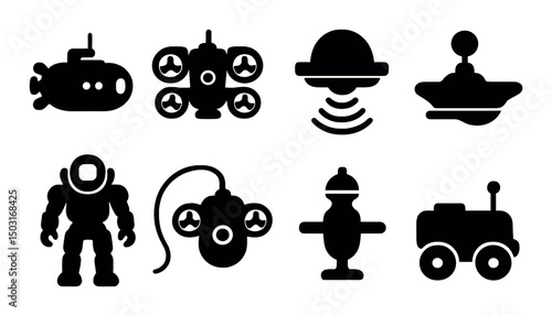 Underwater robots silhouette icons set – aquatic, marine technology symbols