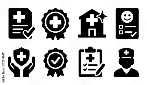 Healthcare quality icons set – silhouette style, medical and wellness symbols
