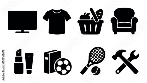 Shopping and retail silhouette icons set – commerce, store, purchase symbols