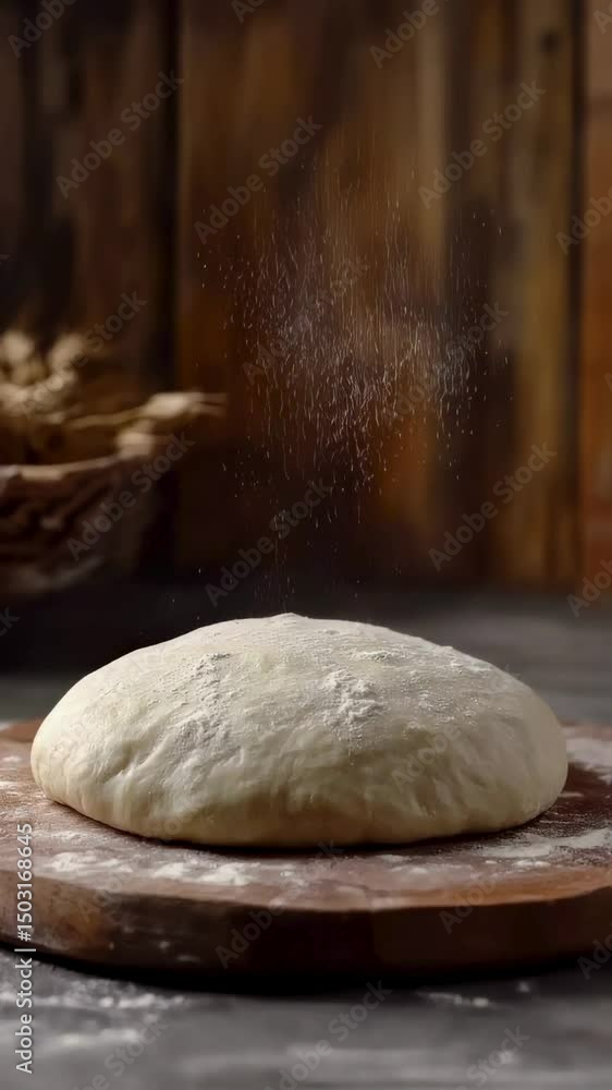 Artisan Bread Dough Rising on Wooden Board with Flour Dusting Artisan Bread Dough Rising on Wooden Board with Flour Dusting