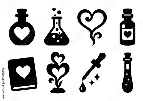 Love potion silhouette icons set – romantic, magic and heart-themed symbols